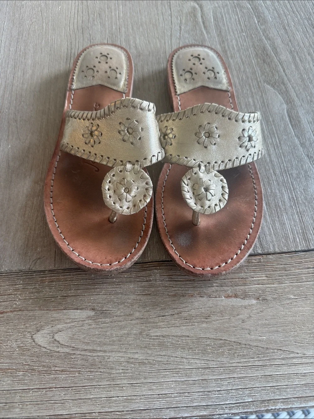 Jack Rogers Metallic Gold Floral Leather Thong Sandals
